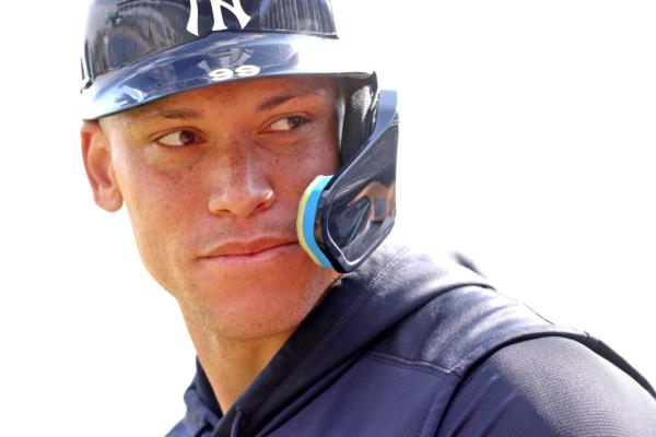 Yankees outfielder Aaron Judge looks on during batting practice at George M. Steinbrenner Field, the Yankees Spring Training home in Tampa, Florida.