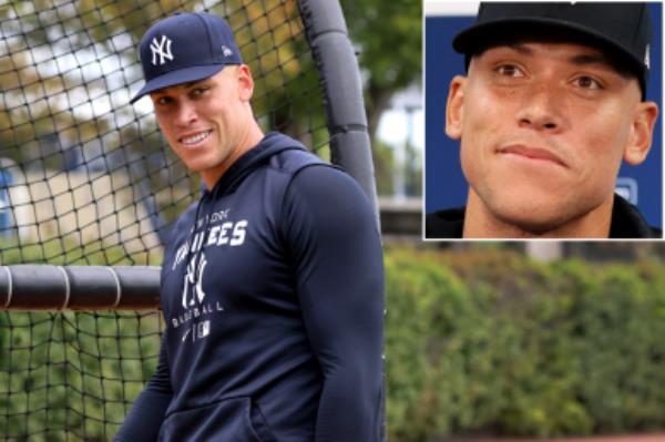 Aaron Judge walks out of the cage during batting practice at spring training, left, and fields questions from the media.